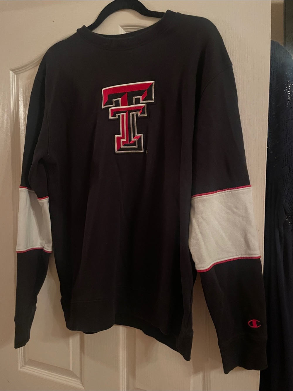 Champion Black Long-Sleeve Crew w/Texas Tech Logo on & “Texas Tech” on back